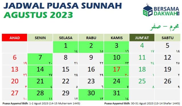 jadwal puasa sunnah agustus 2023