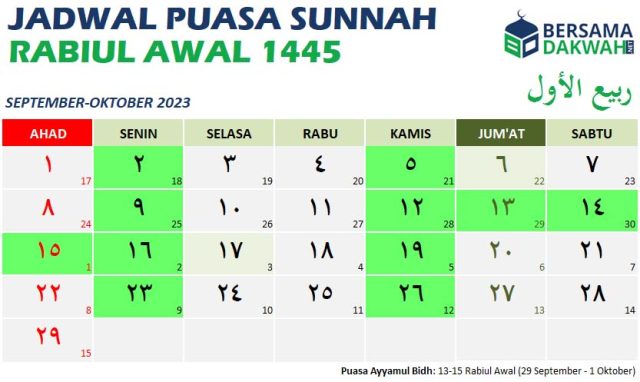 jadwal puasa sunnah rabiul awal 1445