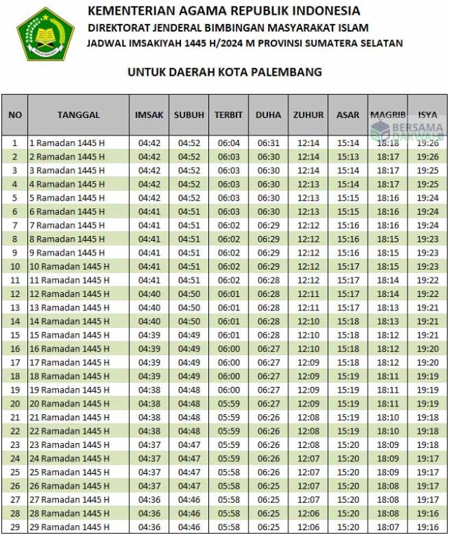 jadwal imsakiyah palembang 2024