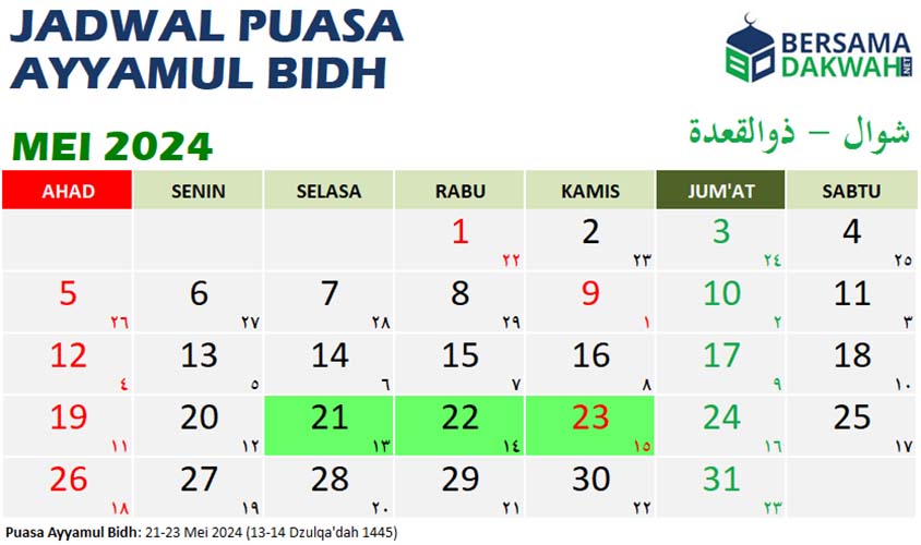 Jadwal Puasa Ayyamul Bidh Mei 2024