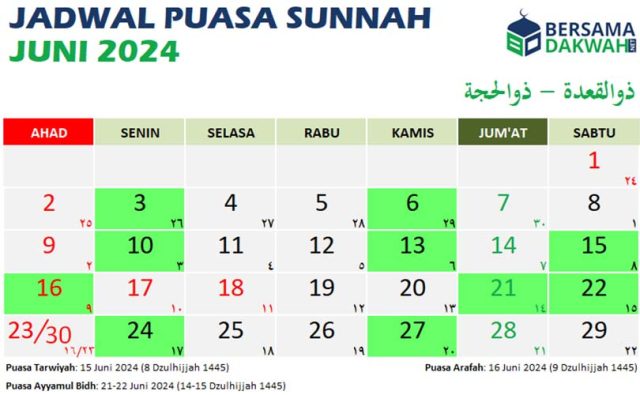 jadwal puasa sunnah juni 2024